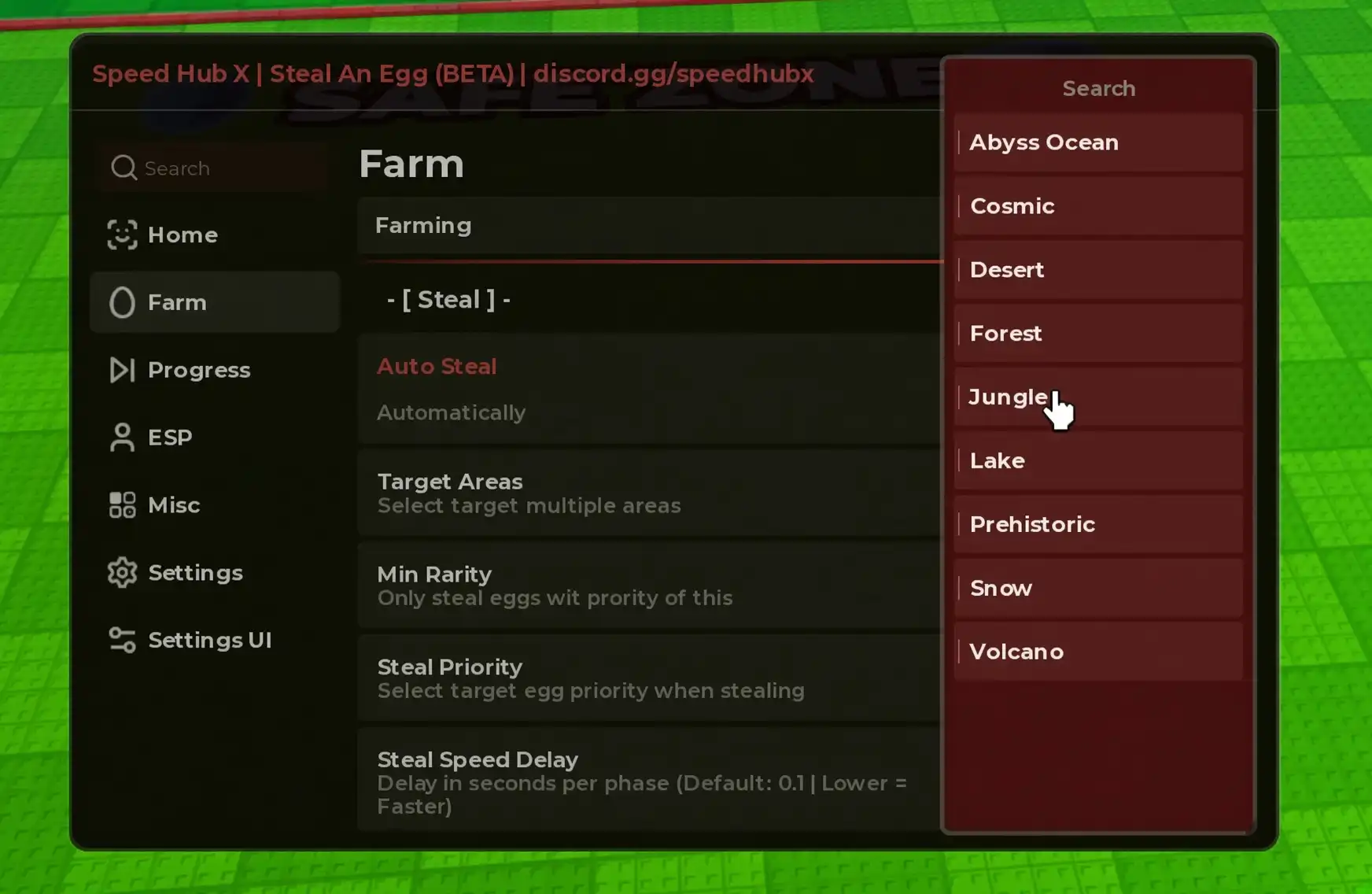 Speed Hub X на Steal an Egg — вкладка Farm с выбором зон и приоритетом кражи