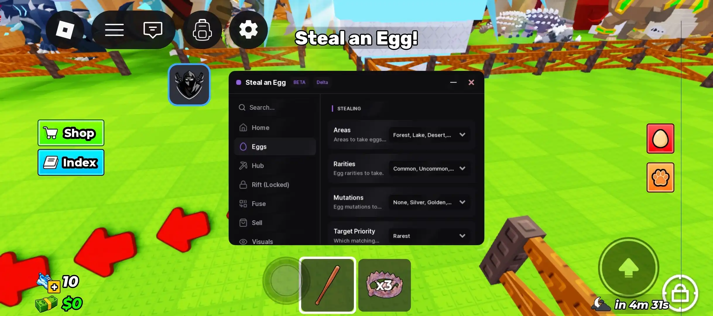 Скрипт на Steal an Egg в Delta — вкладка кражи с зонами, редкостями и мутациями
